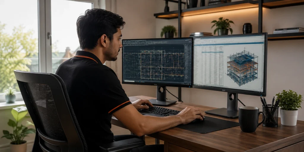 Construction estimator virtual assistant reviewing digital building plans and quantity takeoff data on dual monitors in a professional home office