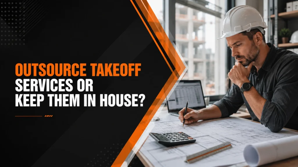 Construction manager evaluating estimating workflows, takeoff services, and project cost data while reviewing blueprints and bid preparation documents