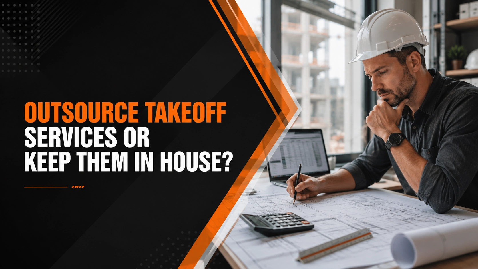 Construction manager evaluating estimating workflows, takeoff services, and project cost data while reviewing blueprints and bid preparation documents