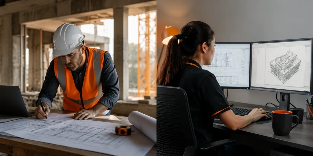 Construction professional and virtual estimator collaborating on project takeoffs, quantity measurements, and construction estimating tasks from separate work environments