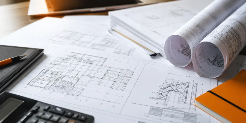 Architectural shop drawings, rolled construction plans, and drafting tools on a project planning desk