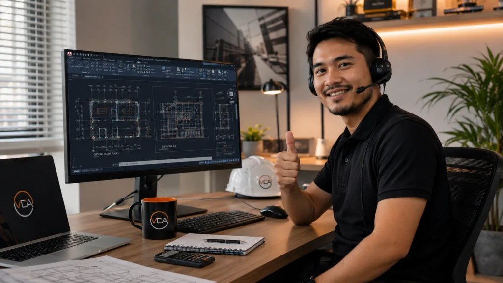 AutoCAD virtual assistant providing shop drawing support while reviewing construction plans during a client meeting