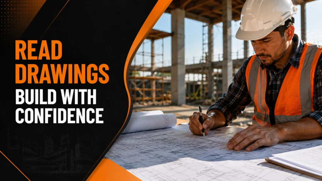 Construction professional reviewing shop drawings and building plans to ensure accurate project execution