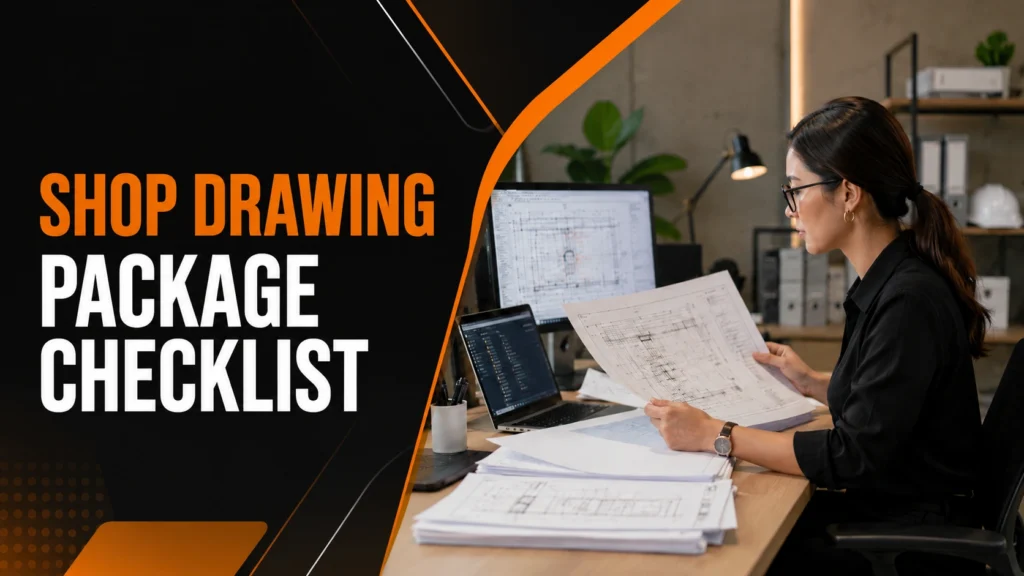 Construction virtual assistant reviewing a shop drawing package checklist with digital plans and printed construction drawings