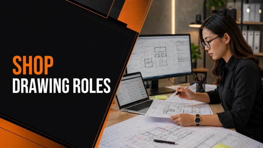 Construction virtual assistant reviewing shop drawings and coordinating drawing roles using digital plans and printed blueprints
