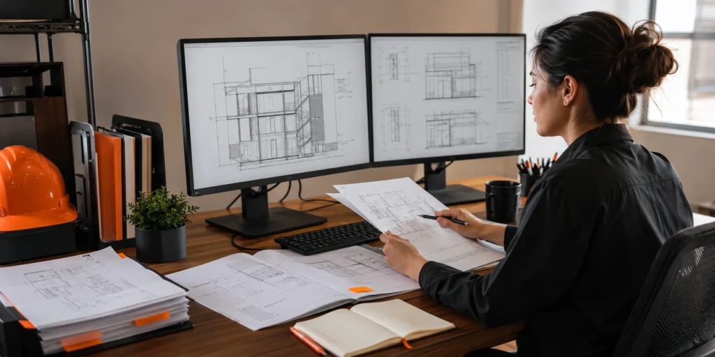 Construction virtual assistant reviewing shop drawings on dual monitors in a professional office workspace