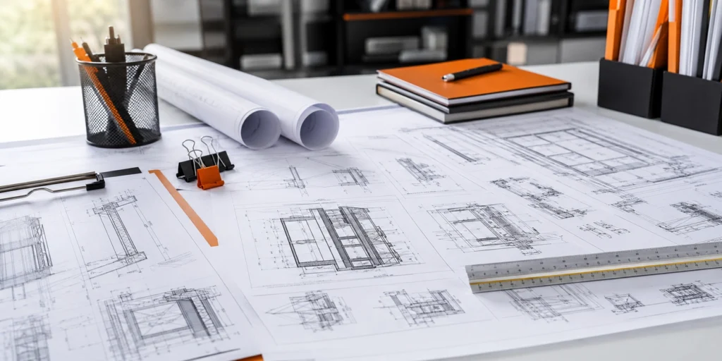 Image of shop drawings spread across a drafting table with architectural details, measuring tools, and construction plans in an office