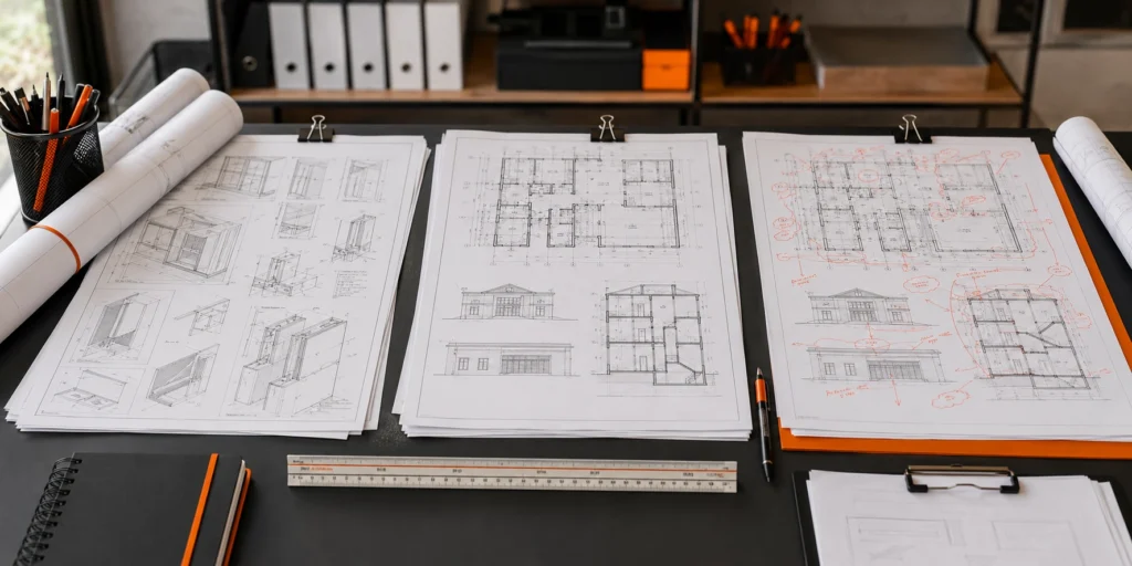 Image of shop drawings vs construction drawings vs as-built drawings displayed side by side on a drafting table for construction document comparison