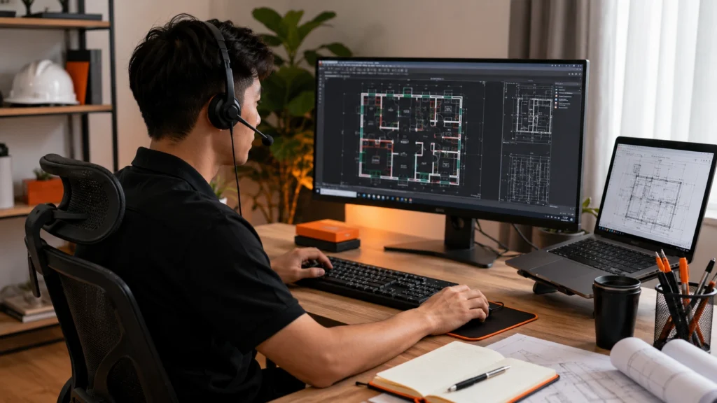Remote shop drawing assistant editing AutoCAD construction plans and updating drafting documents for contractor review