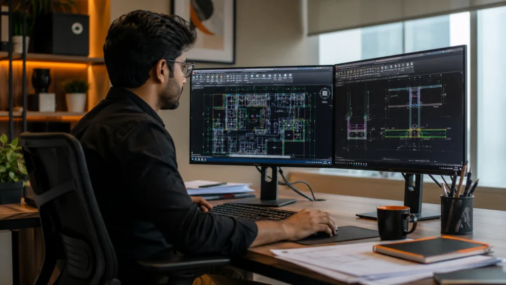 Shop drawing assistant reviewing AutoCAD floor plans across dual monitors for construction drafting support