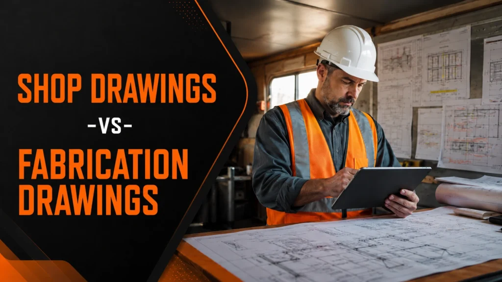 Shop drawings vs fabrication drawings comparison featuring a contractor reviewing construction documents on a tablet