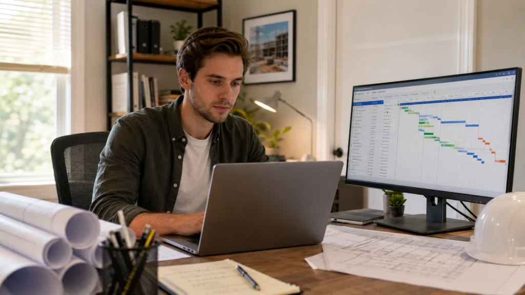 APM Virtual Assistant managing a construction project schedule from a home office
