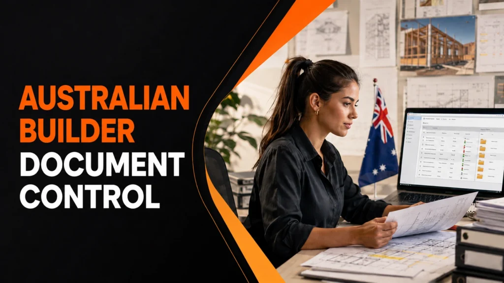 Australian builder managing construction document control with project plans and digital files