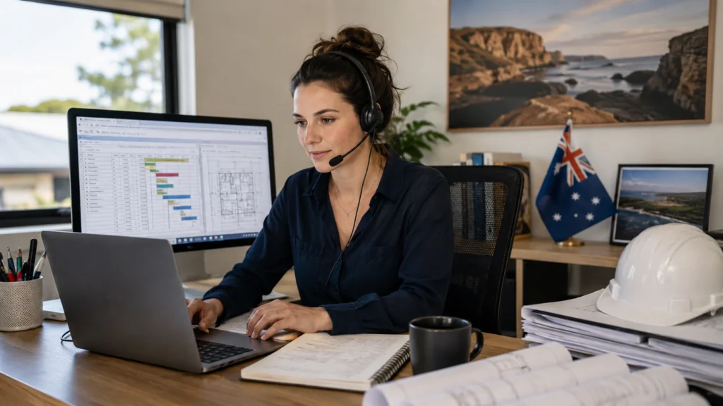 Australian construction virtual assistant managing project schedules and blueprints from a home office