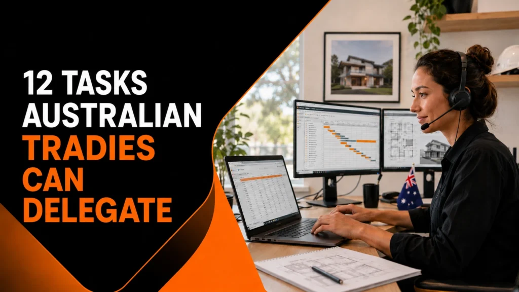 Australian construction virtual assistant managing project tasks and blueprints from a remote workspace