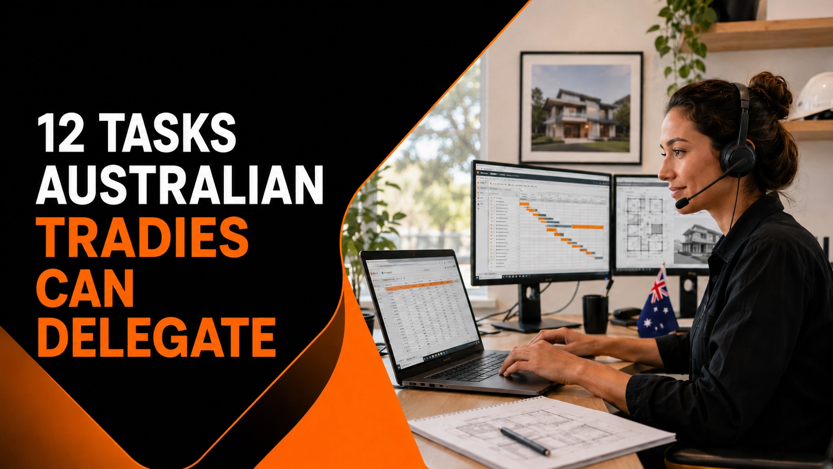 Australian construction virtual assistant managing project tasks and blueprints from a remote workspace