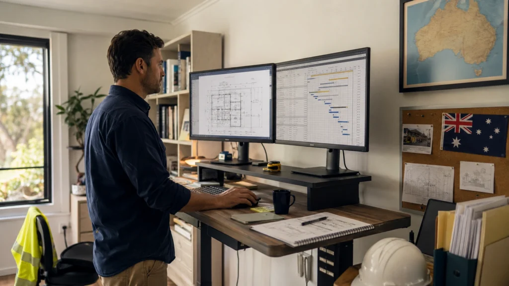 Australian construction virtual assistant reviewing blueprints and project timelines on dual monitors