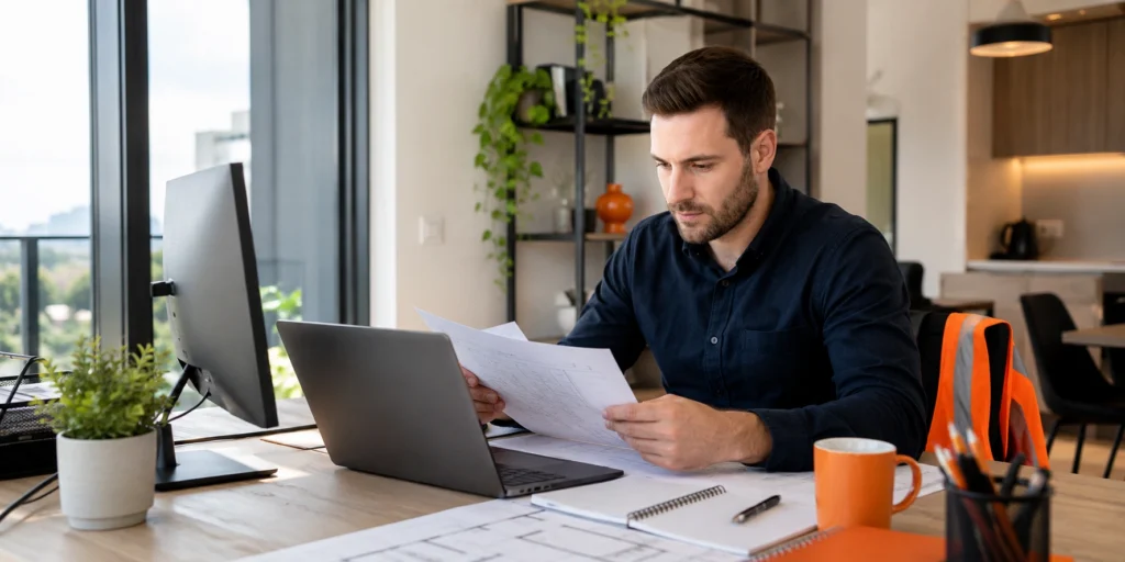 Australian construction virtual assistant reviewing bookkeeping documents from a remote office