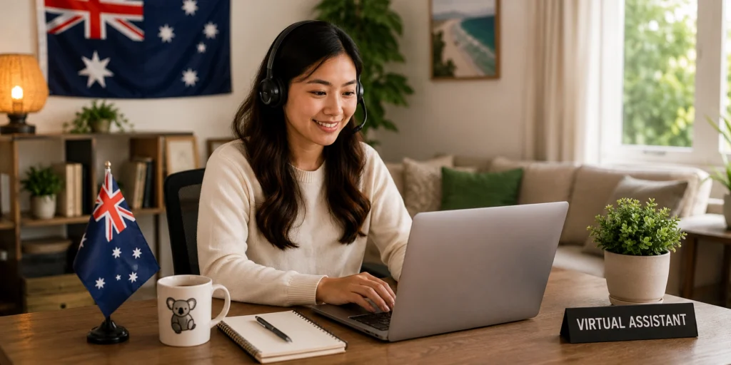 Australian virtual assistant working remotely from a home office with a laptop and Australian flag