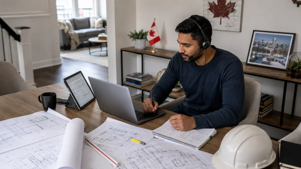 Canadian construction virtual assistant coordinating project plans and blueprints while working remotely