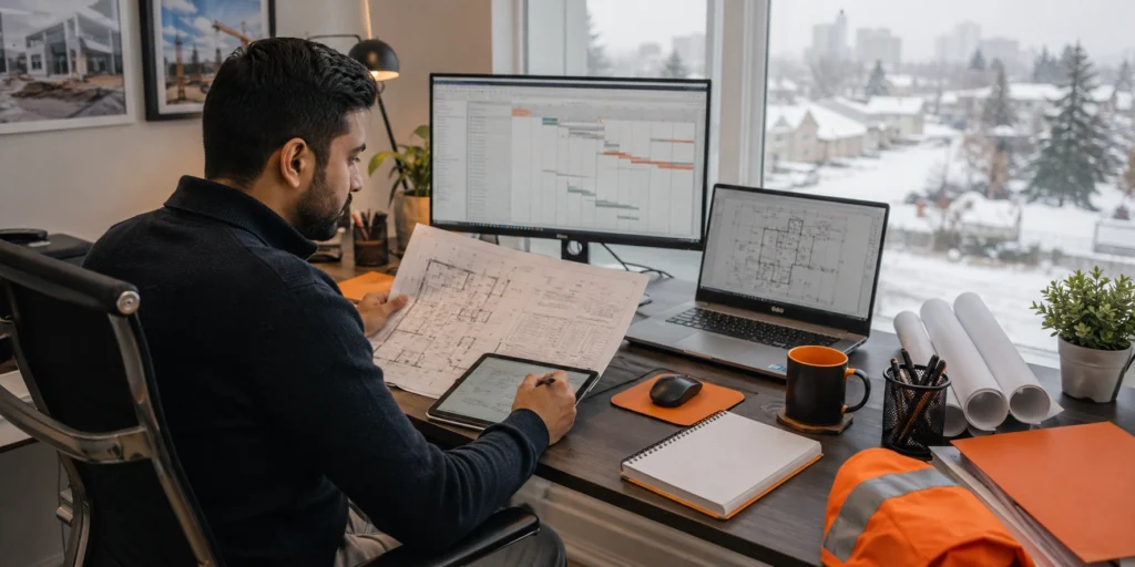 Canadian construction virtual assistant managing project schedules, blueprints, and bookkeeping