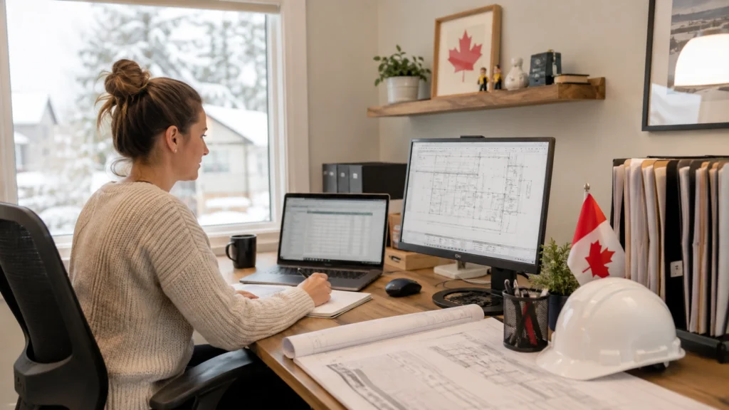 Canadian construction virtual assistant reviewing digital blueprints and project documents from a home office