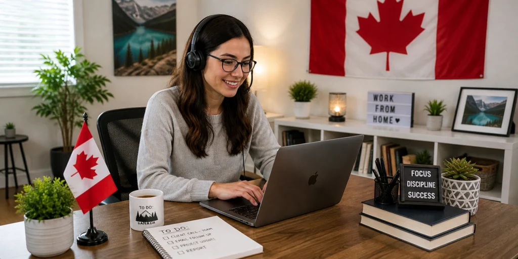 Canadian virtual assistant working from home with a headset, laptop, and Canada flag