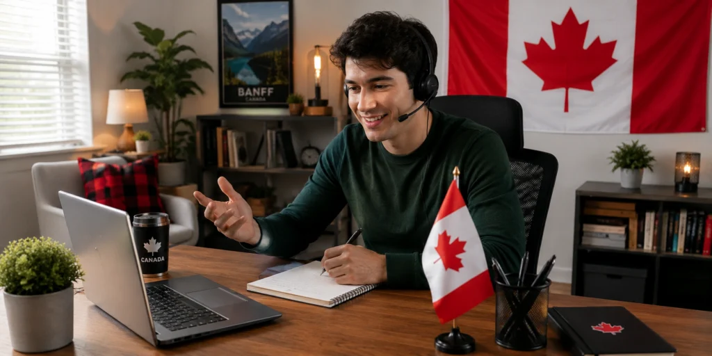 Canadian estimator virtual assistant working remotely from a home office with a laptop and Canada flags