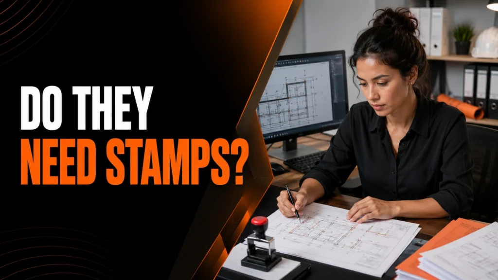 Construction plan reviewer stamping architectural drawings for permit approval and contract documentation in a construction office