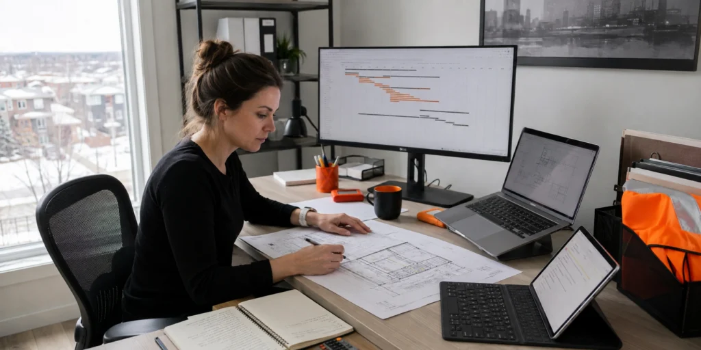 Construction virtual assistant in Canada reviewing project drawings, schedules, and bookkeeping