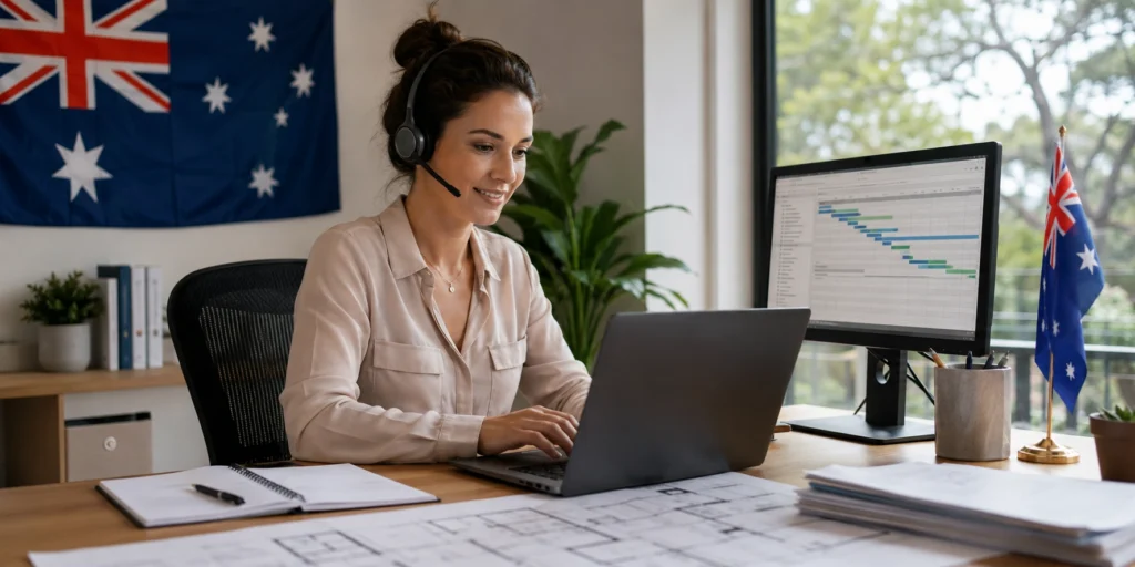 Construction virtual assistant managing project schedules from a home office with Australian flags