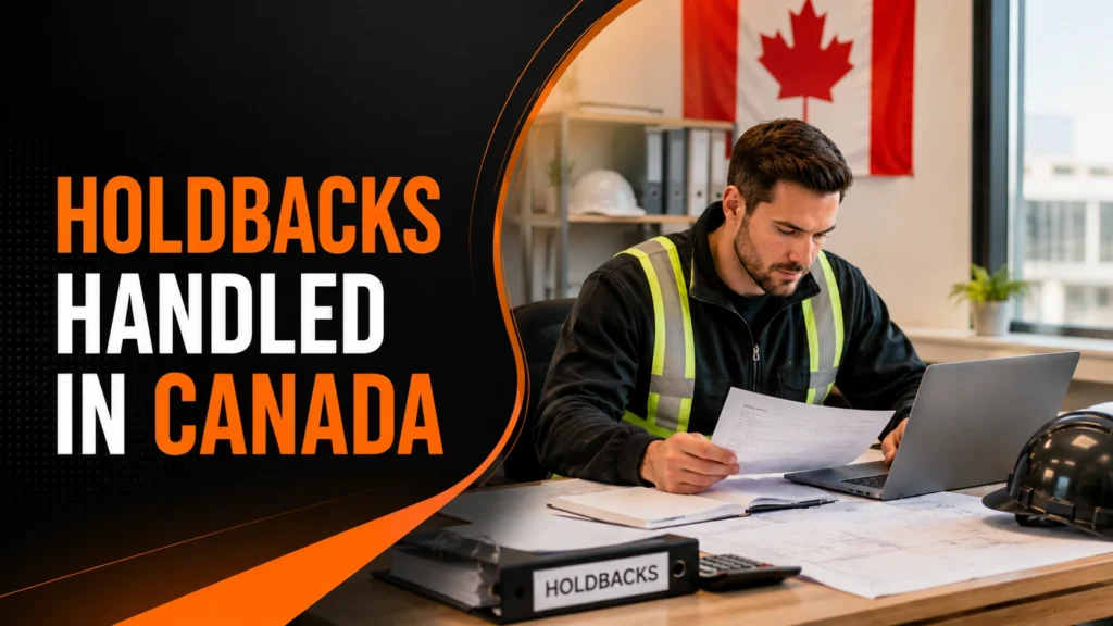 Contractor reviewing construction holdback documents in a Canadian office with a Canada flag
