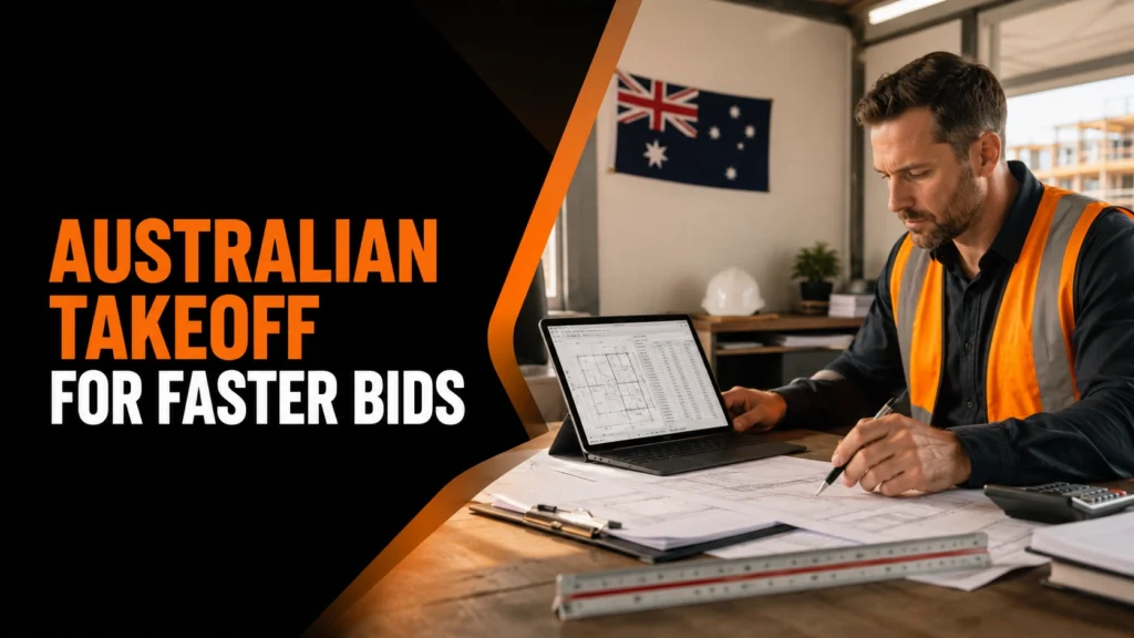Australian construction takeoff services for faster bidding, with a contractor reviewing blueprints and digital project plans