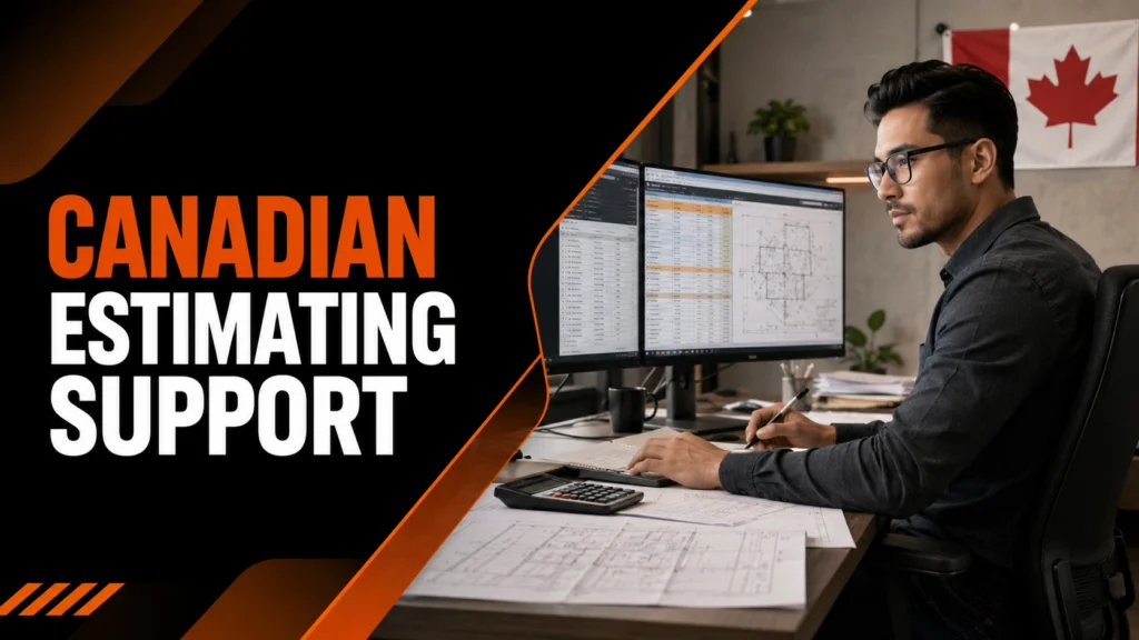 Canadian construction estimating support, with a remote estimator reviewing project plans, costs, and takeoff data